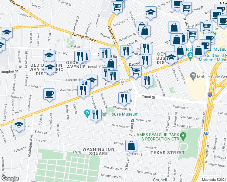 map of restaurants, bars, coffee shops, grocery stores, and more near 959 Alabama 16 in Mobile