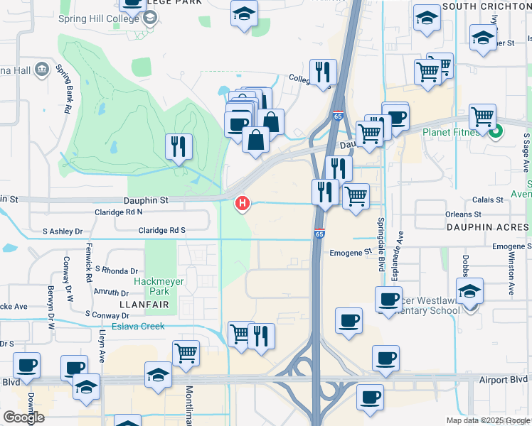 map of restaurants, bars, coffee shops, grocery stores, and more near 3715 Dauphin Street in Mobile