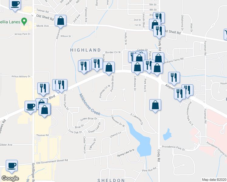 map of restaurants, bars, coffee shops, grocery stores, and more near 7363 Portside Court in Mobile