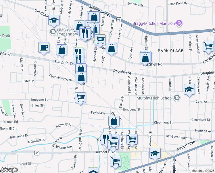 map of restaurants, bars, coffee shops, grocery stores, and more near 16 Audubon Place in Mobile