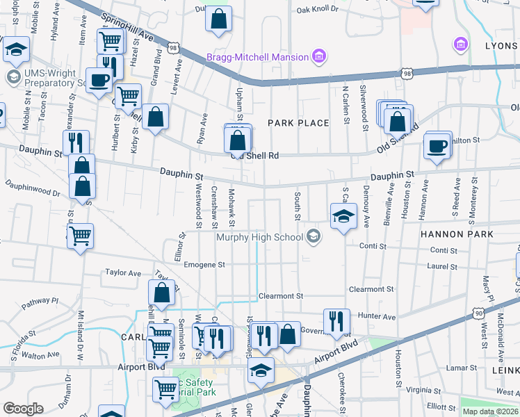 map of restaurants, bars, coffee shops, grocery stores, and more near 2056 Terrace Street in Mobile