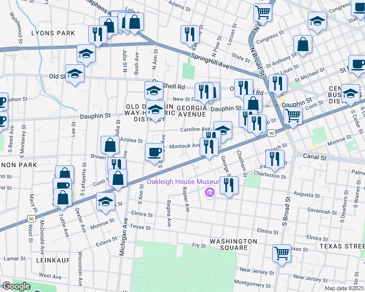 map of restaurants, bars, coffee shops, grocery stores, and more near 1182 Montauk Avenue in Mobile
