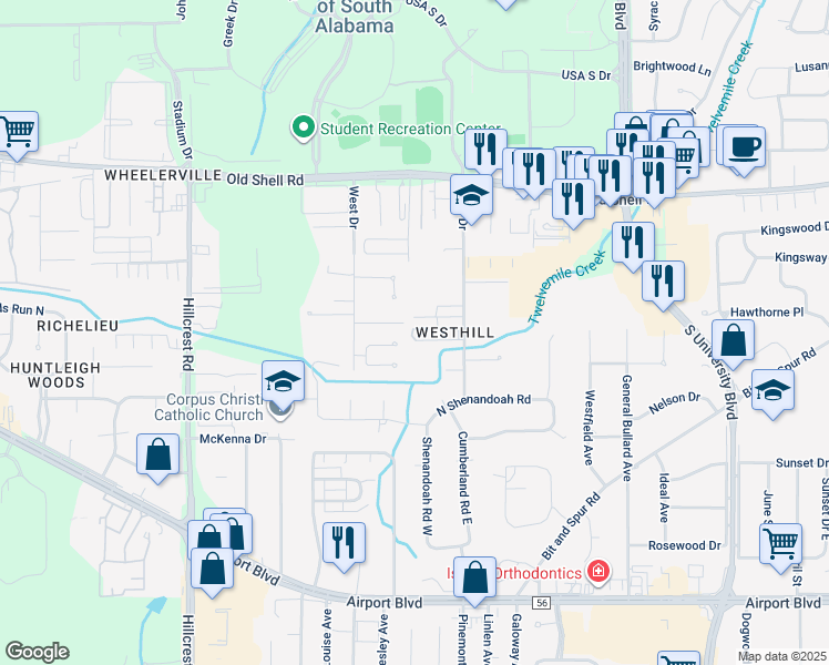 map of restaurants, bars, coffee shops, grocery stores, and more near 6065 Sussex Drive in Mobile