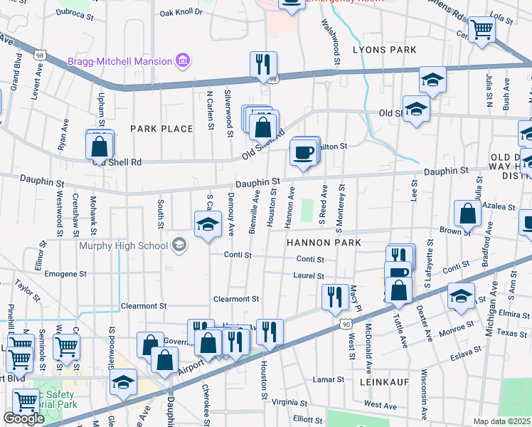 map of restaurants, bars, coffee shops, grocery stores, and more near 16 Houston Street in Mobile