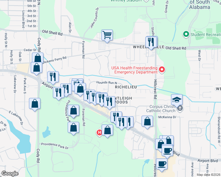 map of restaurants, bars, coffee shops, grocery stores, and more near 367 Bridle Path Way in Mobile