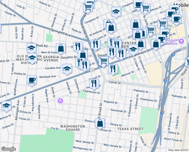 map of restaurants, bars, coffee shops, grocery stores, and more near 911 Government Street in Mobile