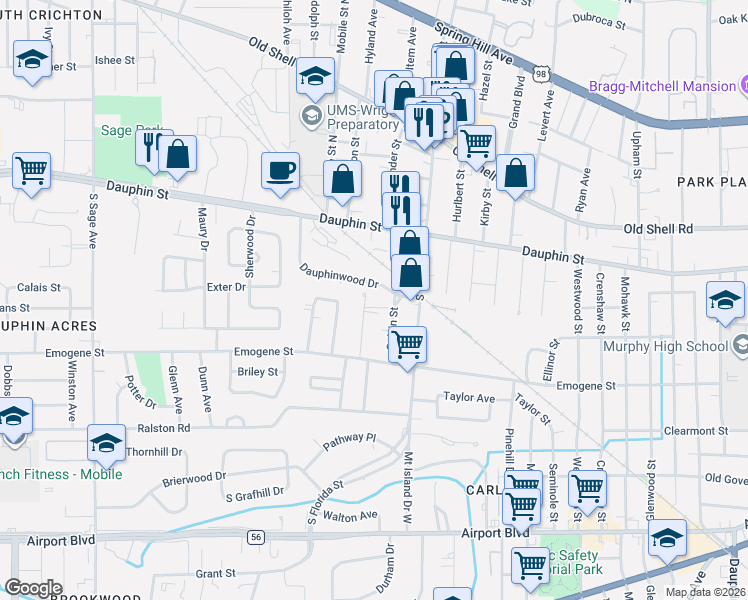 map of restaurants, bars, coffee shops, grocery stores, and more near 2501-2625 Dauphinwood Drive in Mobile