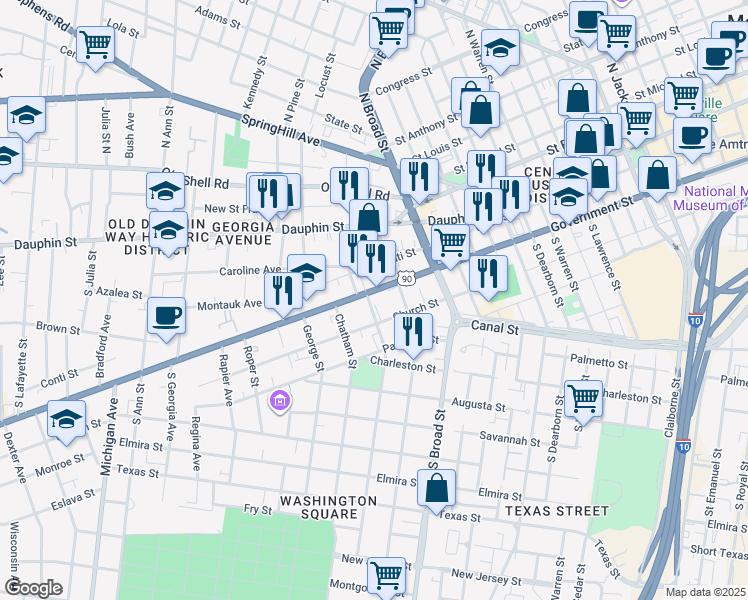 map of restaurants, bars, coffee shops, grocery stores, and more near 963 Government Street in Mobile