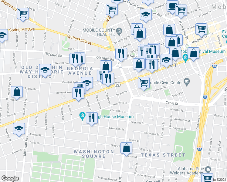 map of restaurants, bars, coffee shops, grocery stores, and more near 959 Alabama 16 in Mobile