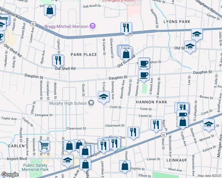map of restaurants, bars, coffee shops, grocery stores, and more near 7 Demouy Avenue in Mobile