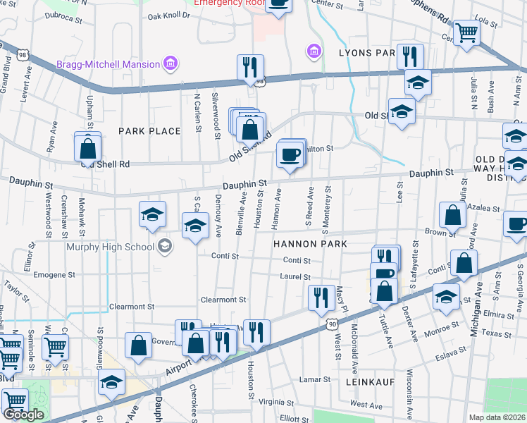 map of restaurants, bars, coffee shops, grocery stores, and more near 18 Hannon Avenue in Mobile