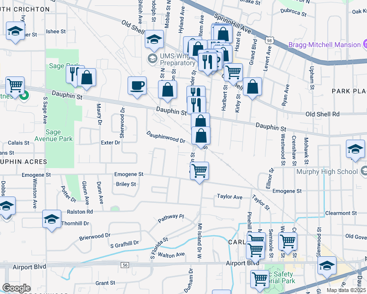 map of restaurants, bars, coffee shops, grocery stores, and more near 2501-2625 Dauphinwood Drive in Mobile