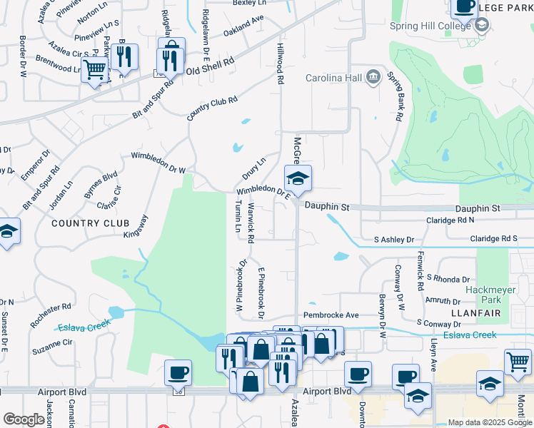 map of restaurants, bars, coffee shops, grocery stores, and more near 60 Croydon Rd in Mobile