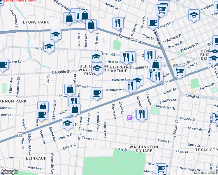 map of restaurants, bars, coffee shops, grocery stores, and more near 1132 Montauk Avenue in Mobile