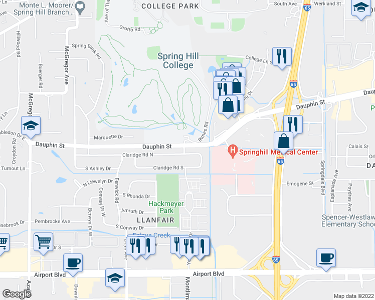 map of restaurants, bars, coffee shops, grocery stores, and more near 3719-3725 Dauphin Street in Mobile