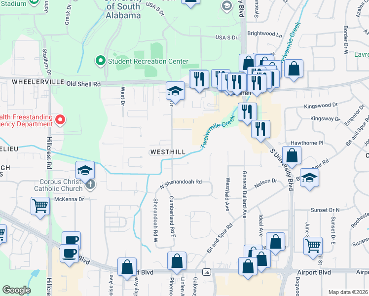 map of restaurants, bars, coffee shops, grocery stores, and more near 213 East Drive in Mobile