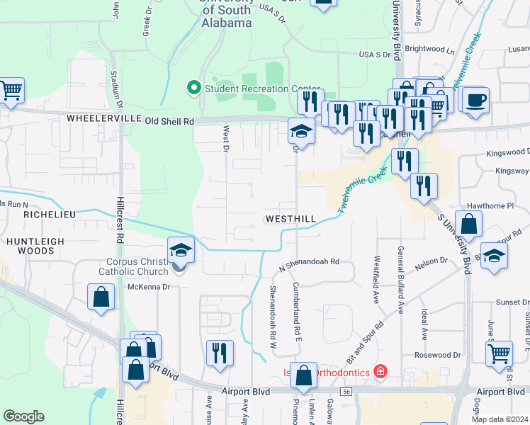 map of restaurants, bars, coffee shops, grocery stores, and more near 6065 Sussex Drive in Mobile