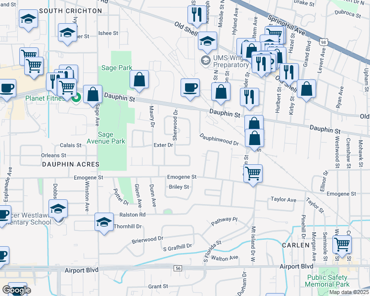 map of restaurants, bars, coffee shops, grocery stores, and more near 2763 Exter Drive in Mobile