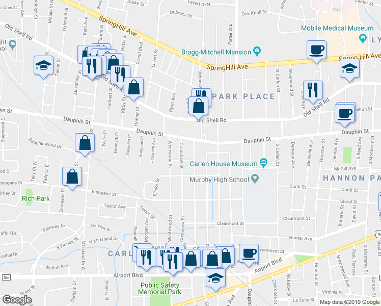 map of restaurants, bars, coffee shops, grocery stores, and more near 12 Mohawk Street in Mobile