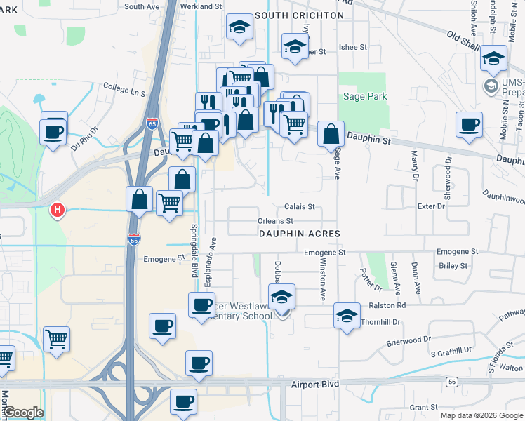 map of restaurants, bars, coffee shops, grocery stores, and more near 103 Verdun Avenue in Mobile