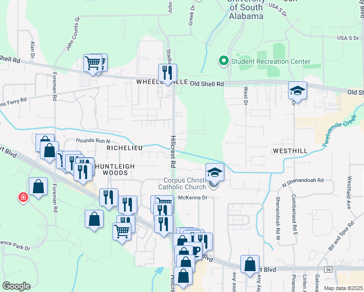 map of restaurants, bars, coffee shops, grocery stores, and more near 227 Hillcrest Rd in Mobile