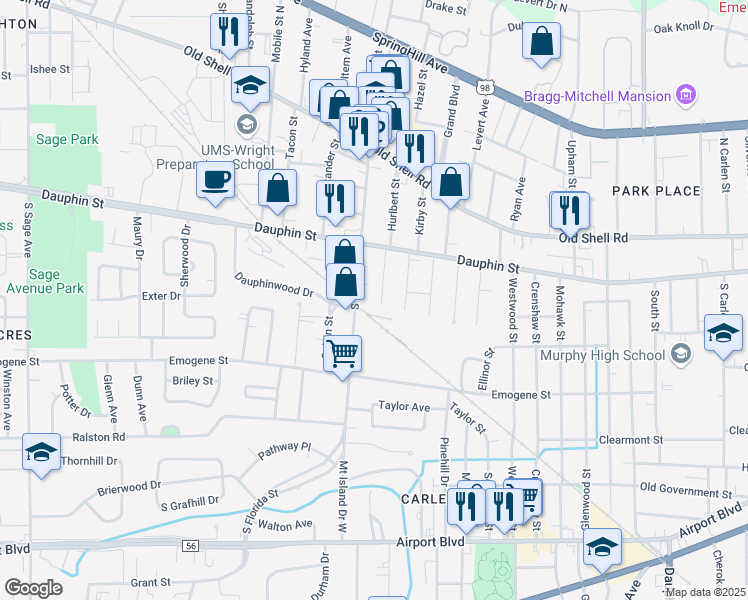 map of restaurants, bars, coffee shops, grocery stores, and more near 22 Felder Place in Mobile