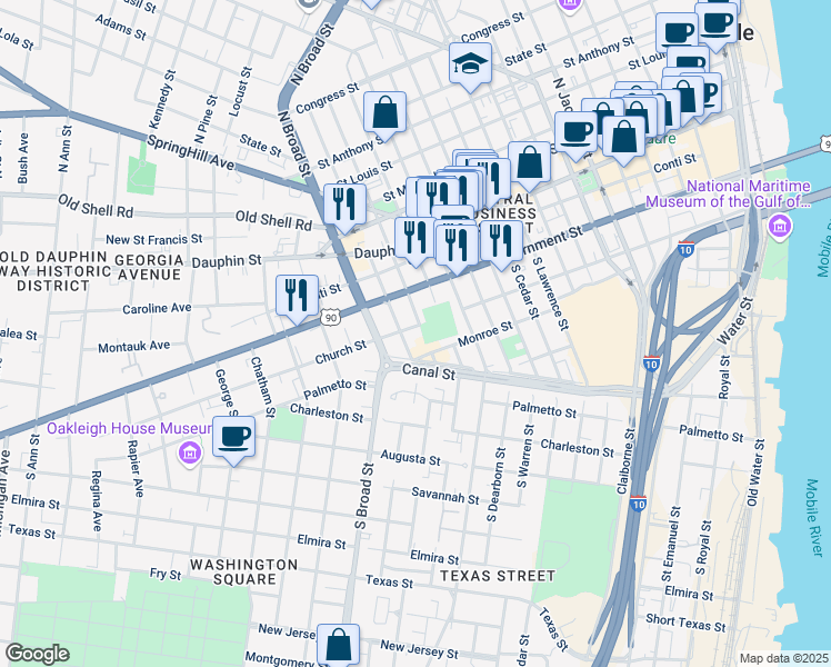 map of restaurants, bars, coffee shops, grocery stores, and more near 805 Church Street in Mobile