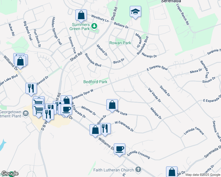 map of restaurants, bars, coffee shops, grocery stores, and more near 403 West Sequoia Spur in Georgetown