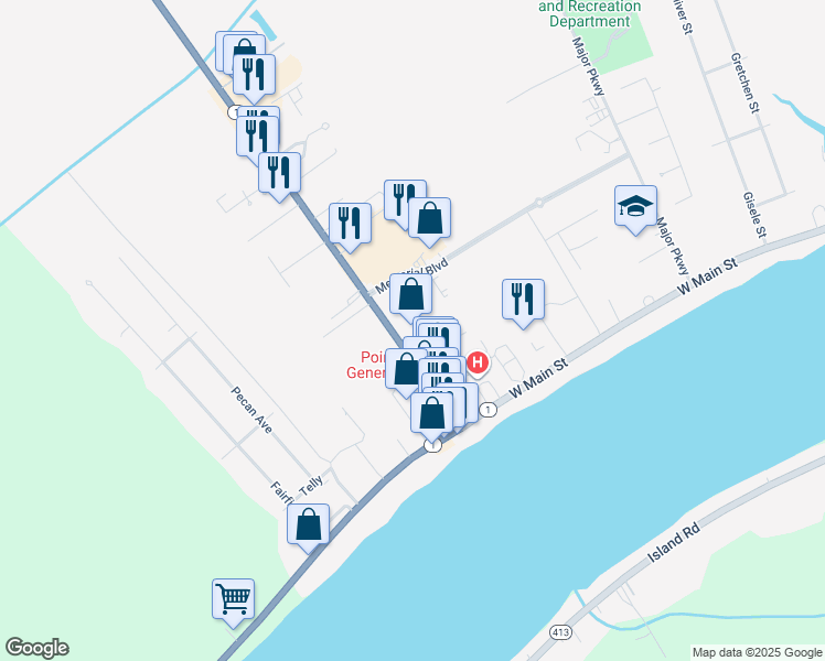 map of restaurants, bars, coffee shops, grocery stores, and more near 372 Hospital Road in New Roads