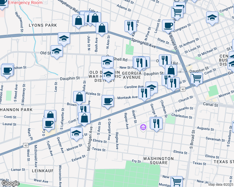 map of restaurants, bars, coffee shops, grocery stores, and more near 1132 Montauk Avenue in Mobile