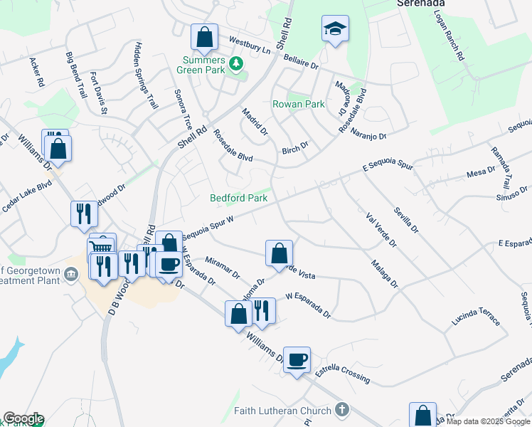 map of restaurants, bars, coffee shops, grocery stores, and more near 403 West Sequoia Spur in Georgetown