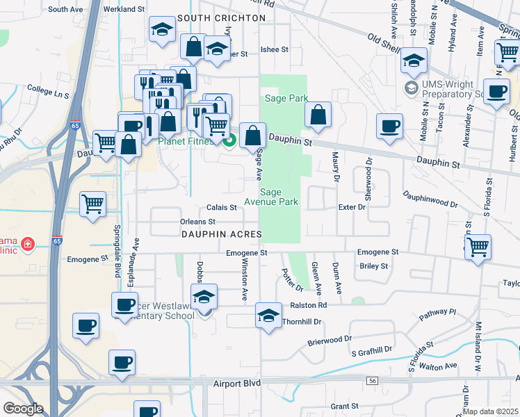 map of restaurants, bars, coffee shops, grocery stores, and more near 100 South Sage Avenue in Mobile