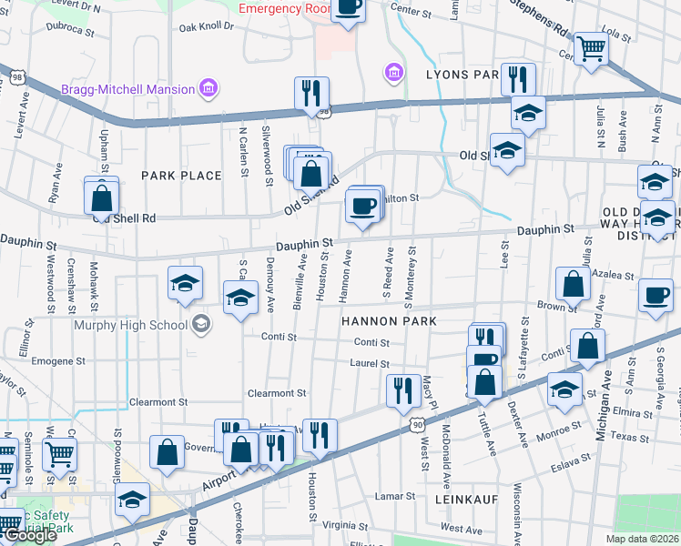 map of restaurants, bars, coffee shops, grocery stores, and more near 18 Hannon Avenue in Mobile