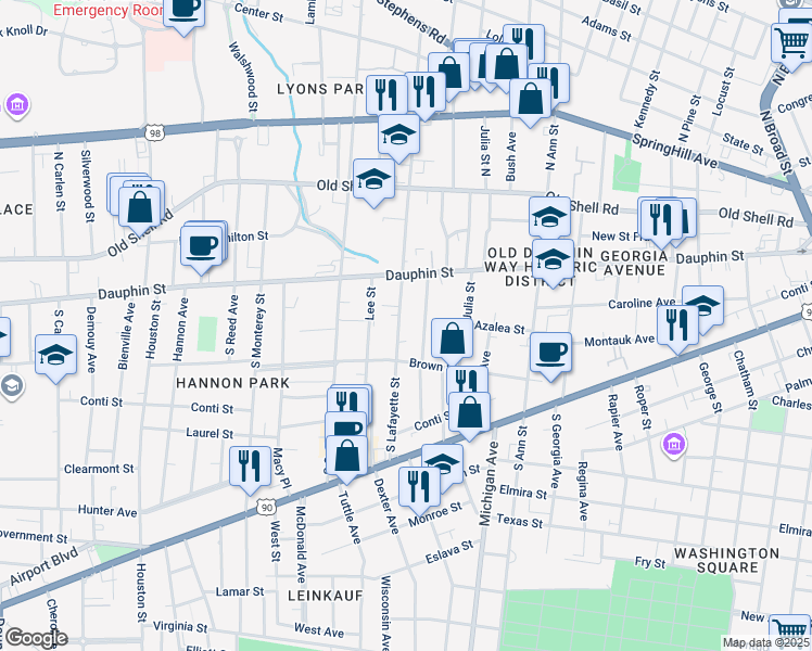 map of restaurants, bars, coffee shops, grocery stores, and more near 23 South Lafayette Street in Mobile
