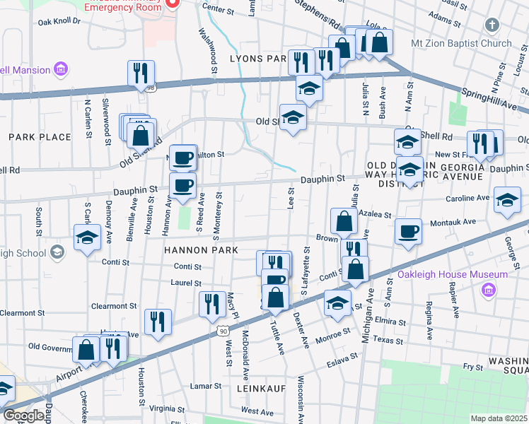 map of restaurants, bars, coffee shops, grocery stores, and more near 22 South Catherine Street in Mobile