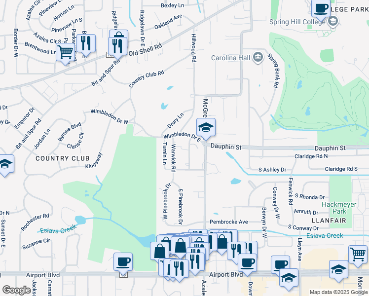 map of restaurants, bars, coffee shops, grocery stores, and more near 60 Croydon Road in Mobile