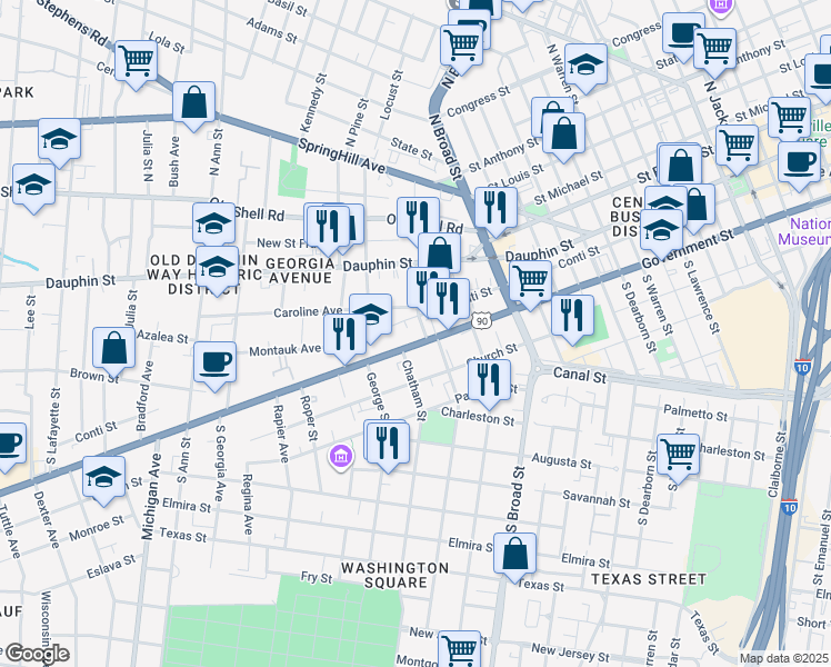 map of restaurants, bars, coffee shops, grocery stores, and more near 1006 Government Street in Mobile