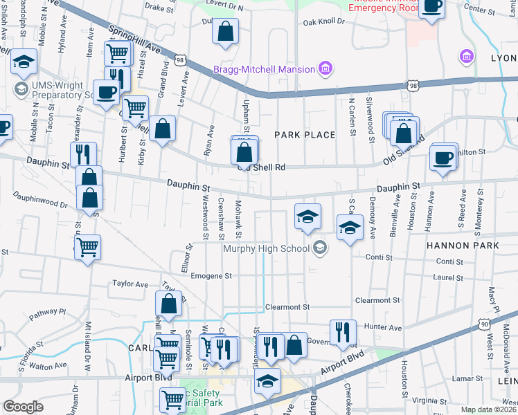 map of restaurants, bars, coffee shops, grocery stores, and more near 2056 Terrace Street in Mobile