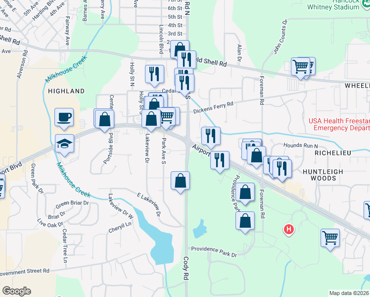 map of restaurants, bars, coffee shops, grocery stores, and more near 405 County Road 37 in Mobile