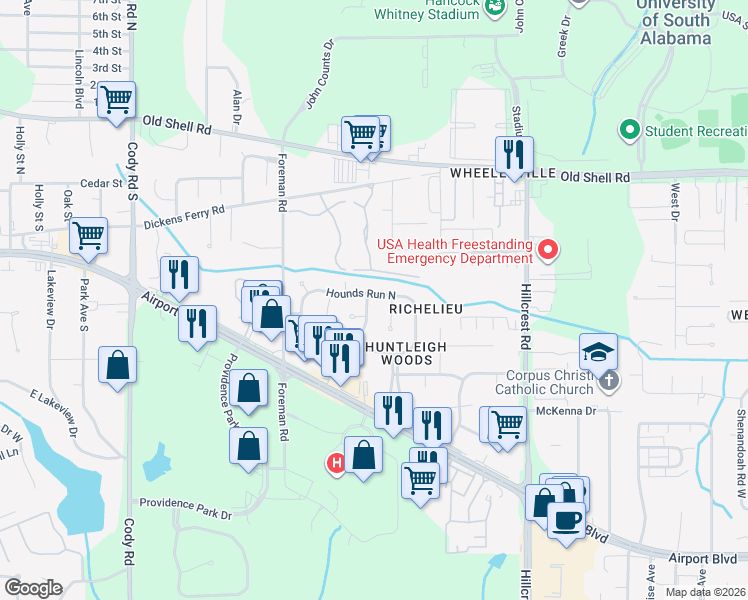 map of restaurants, bars, coffee shops, grocery stores, and more near 367 Bridle Path Way in Mobile