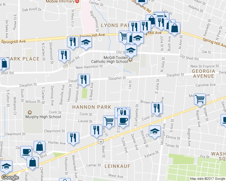 map of restaurants, bars, coffee shops, grocery stores, and more near 1562 Blair Ave in Mobile