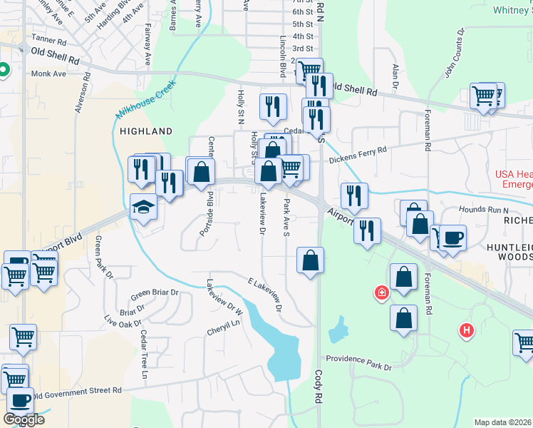 map of restaurants, bars, coffee shops, grocery stores, and more near 241 Lakeview Drive in Mobile
