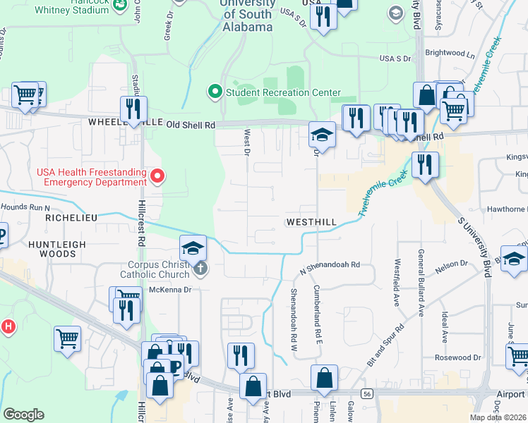 map of restaurants, bars, coffee shops, grocery stores, and more near 211 West Drive in Mobile