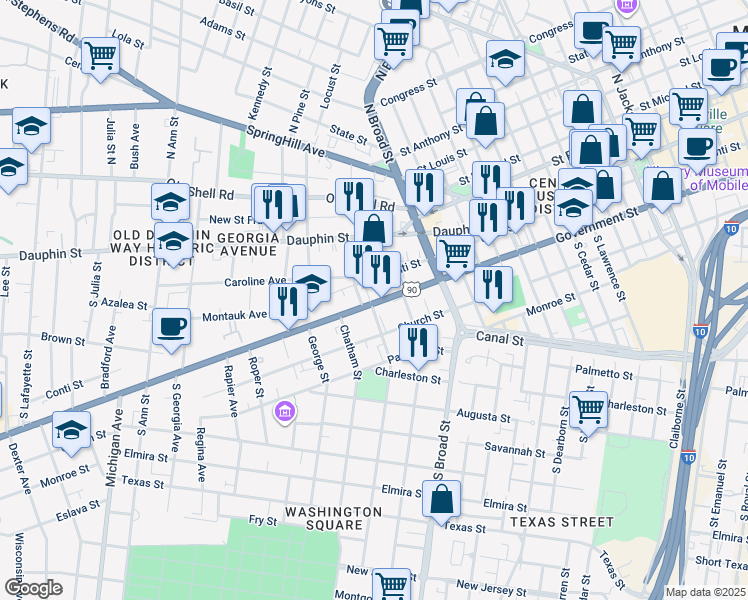 map of restaurants, bars, coffee shops, grocery stores, and more near 959 Alabama 16 in Mobile