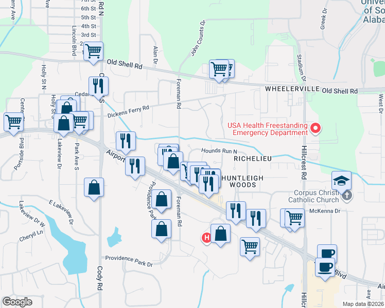 map of restaurants, bars, coffee shops, grocery stores, and more near 401 Hounds Run West in Mobile