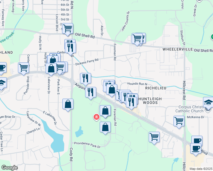 map of restaurants, bars, coffee shops, grocery stores, and more near 184 Country Lane in Mobile