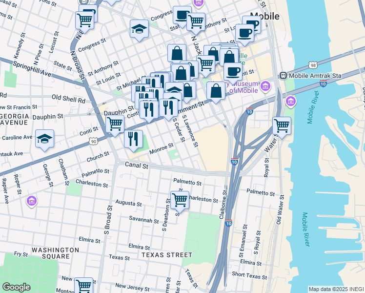 map of restaurants, bars, coffee shops, grocery stores, and more near 206 South Cedar Street in Mobile