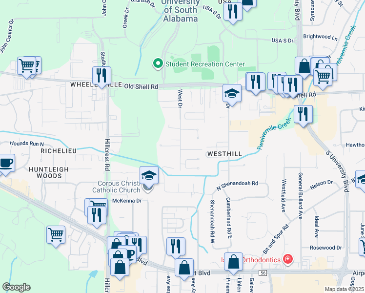 map of restaurants, bars, coffee shops, grocery stores, and more near 211 West Drive in Mobile