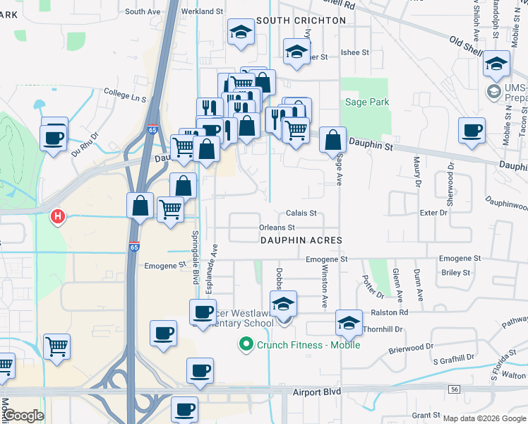 map of restaurants, bars, coffee shops, grocery stores, and more near 103 Verdun Avenue in Mobile