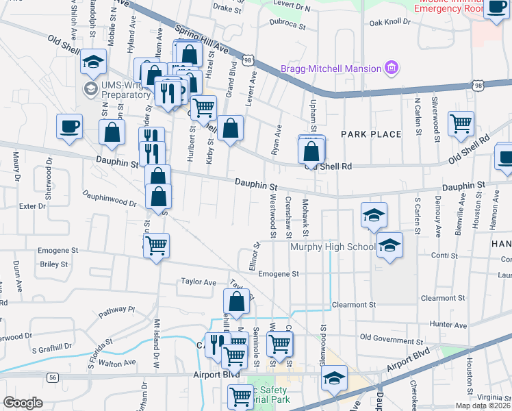 map of restaurants, bars, coffee shops, grocery stores, and more near 11 Japonica Ave in Mobile